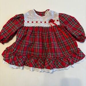 Vintage Hi-Girls Inc Toddler 18M Tartan Plaid Dress Ruffle Lace Ribbon Christmas